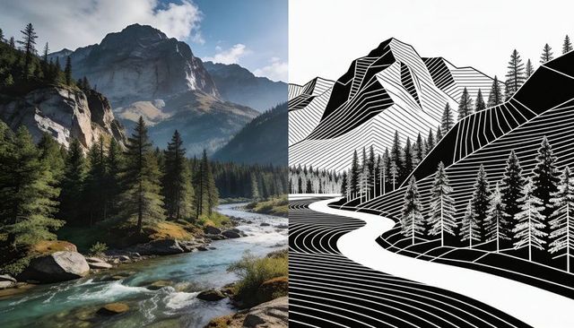Contrasting realistic alpine river scene with b&w line art mountains and pines