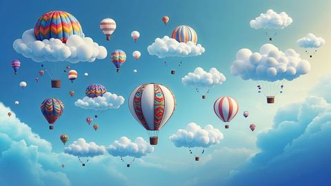 Vibrant Hot Air Balloons with Dreamy Clouds in Blue Sky