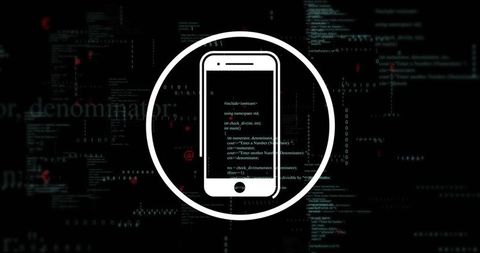 Smartphone Security Scan Concept Pulsing Phone Icon with Scrolling Code and Locks