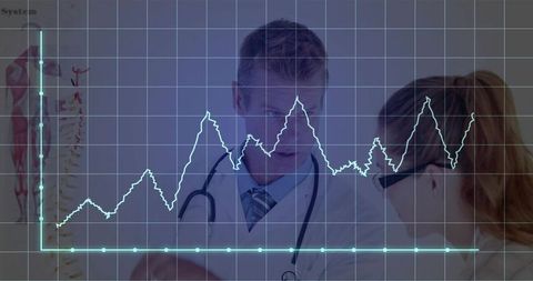Physician Consulting Patient with ECG Graph Overlay and Clinical Data Visualization