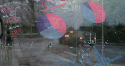 Statistical data visualization against city traffic background