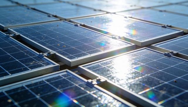 Glinting solar panel grid with aluminum frames, clamps and rainbow lens flares
