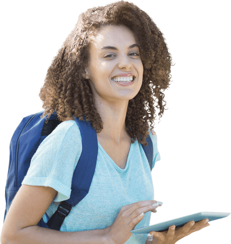 Smiling Student in Casual Wear Using Digital Tablet on Transparent Background