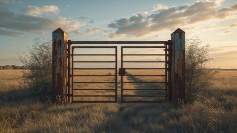 Rusted farm gate in serene rural landscape at sunset