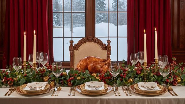Festive Holiday Dining Room Table with Roasted Turkey and Elegantly Decorated Garland