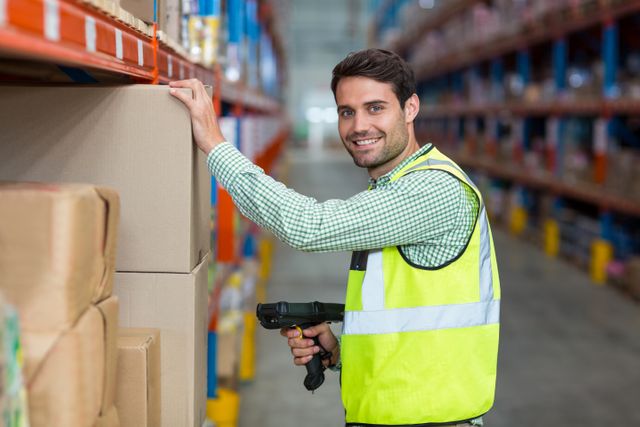 Worker is smiling and posing during work in a warehouse