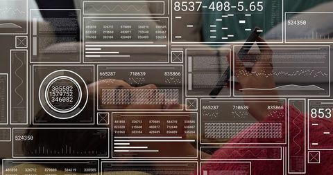 Woman using stylus on tablet with futuristic data overlay