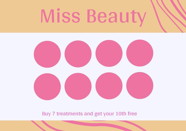 Beauty treatment discount card featuring pink circles and enticing promotion. Ideal for beauty salon promotions, spa loyalty programs, and customer rewards. Promotes engagement and customer retention.