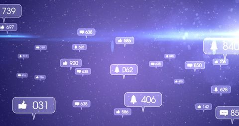 Social media engagement shown through digital notifications in starry sky