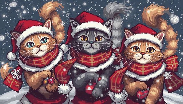 Pixel-art trio of festive cats snuggling in santa hats and scarves on snowy night