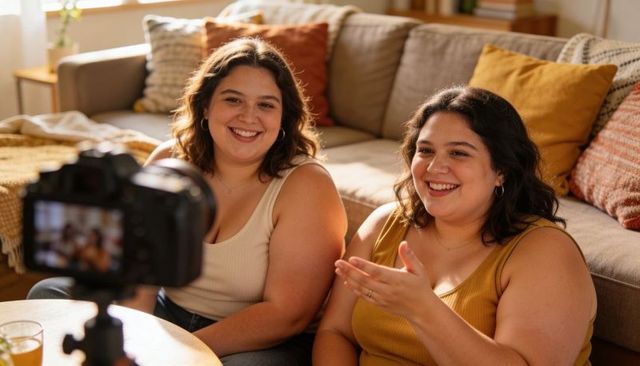 Hispanic women recording cozy home vlog with dslr, smiling and chatting on sofa