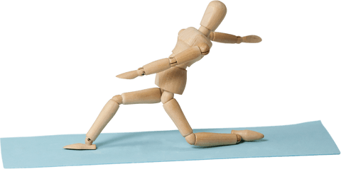 Transparent Wooden Mannequin Performing Stretch on Blue Mat