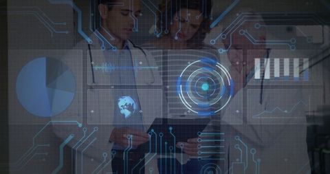 Healthcare team analyzing holographic data in clinical corridor