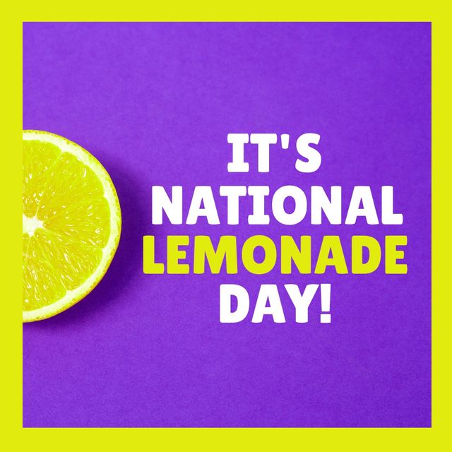 Ideal for celebrating National Lemonade Day, this illustration features a fresh lemon slice on a vibrant violet background with bold text. Perfect for social media promotions, holiday announcements, event invitations, and summer-themed marketing materials.