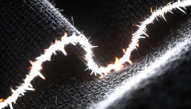 Backlit frayed seam on dark knit fabric showing glowing fiber edges and macro texture