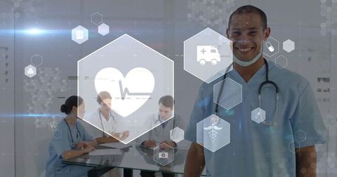 Smiling Male Doctor with Medical Technology Icons Background