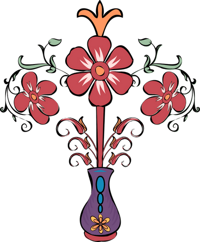 Floral bouquet with pink red blooms and vase on transparent background
