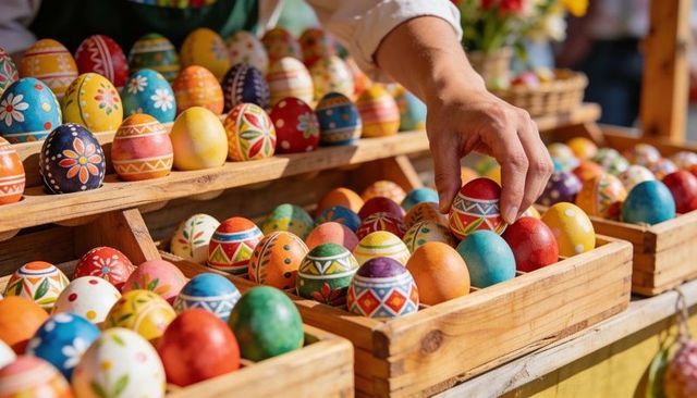 Selecting Hand-Painted Easter Eggs Market Stall with Vibrant Floral Geometric Designs