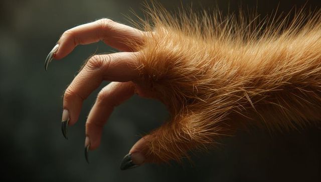 Reddish furred forelimb extending with long curved black claws macro fur texture