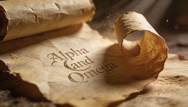 Alpha and Omega on Aged Parchment Scroll with Curled Edge and Rustic Calligraphy Lettering