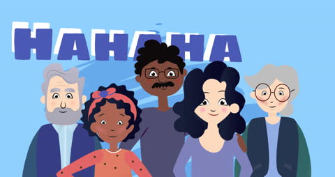 Diverse Animated Group with Laughter Text for Workplace Happiness