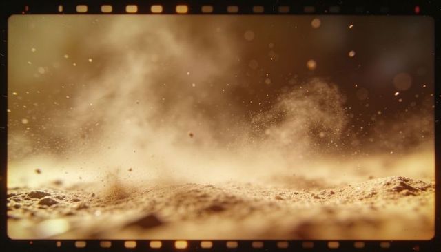 Cinematic golden sand macro with rising dust, vintage filmstrip sprockets and bokeh texture