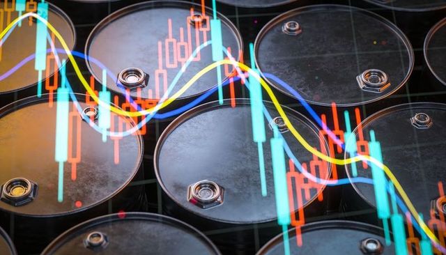Oil price volatility visualized by candlestick charts overlaying industrial barrels