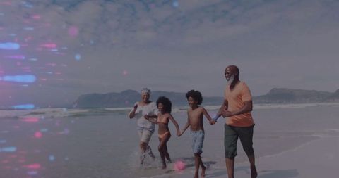 Happy Family Bonding at Beach with Ocean Waves Splashing