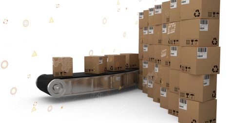 Cardboard Boxes on Conveyor with Digital Overlay for Global Shipping Concept