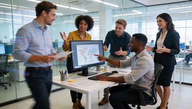 Business team collaborating and pointing at world map dashboard in modern open-plan office