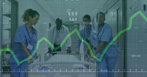 Healthcare Professionals Moving Stretcher with Financial Graph Overlay