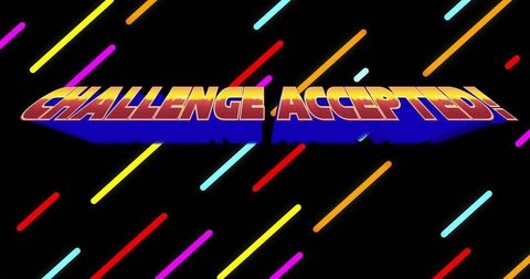3d gradient text ‘challenge accepted’ on black background with neon bars