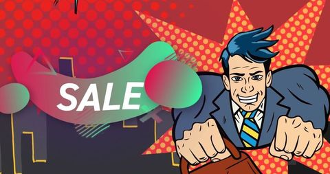 Retro Superhero Promoting Sale with Vibrant Color Backdrop