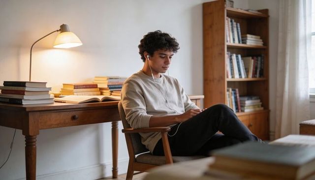 Male student studying at home wearing earphones using device by wooden desk and bookshelf