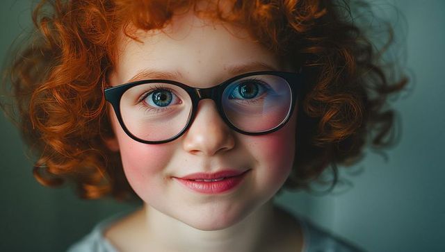 Curly Red Haired Child Smiling Wearing Glasses Indoors