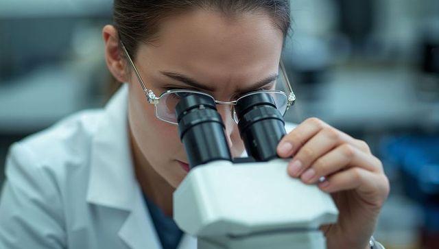 Female scientist peering through microscope, adjusting focus for precise lab research