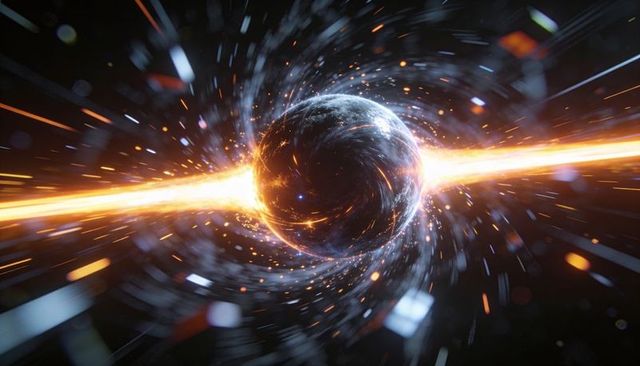 Rotating dark planet cut by bright plasma beam emitting sparks and cosmic vortex