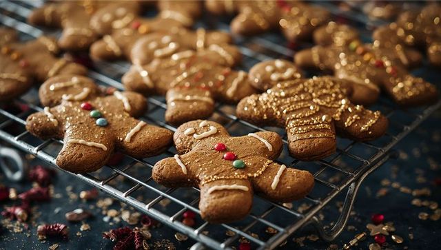 Festive gingerbread cookies with candy buttons on cooling rack