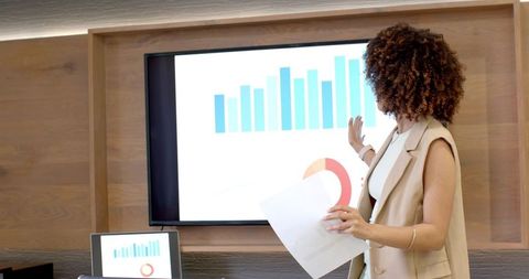 Businesswoman delivering insightful presentation with charts and data