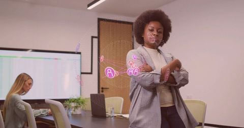 Confident Businesswoman with Digital Network Hologram in Office