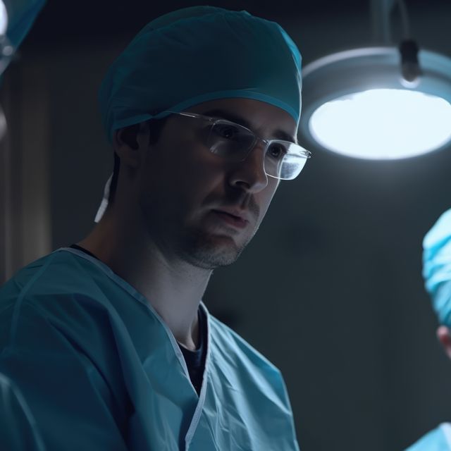 Thoughtful caucasian male surgeon with glasses at surgery, created using generative ai technology. Medicine, healthcare, digitally generated image.