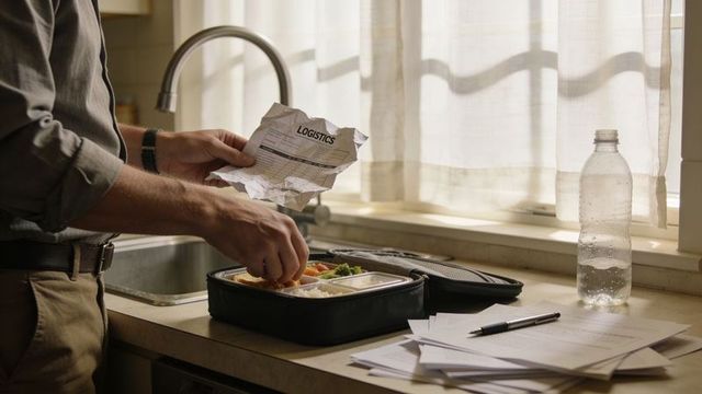 Rolled-sleeve man reaching into packed lunch while holding crumpled logistics receipt