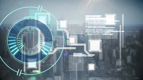Futuristic Digital Interface Overlaying City Skyline