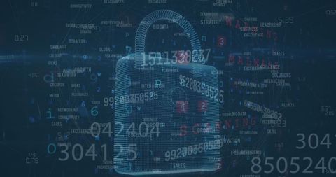 Digital data security concept with padlock icon overlapping code