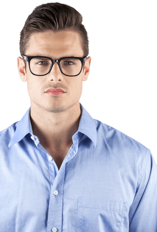 Transparent Young Man Wearing Glasses in Blue Shirt