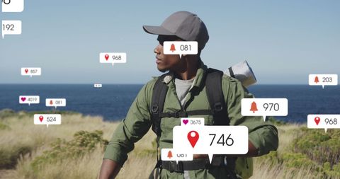 Hiker surrounded by social media notifications in scenic nature