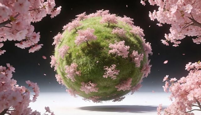 Floating cherry blossom planet with lush grass and falling petals, serene minimalist sphere