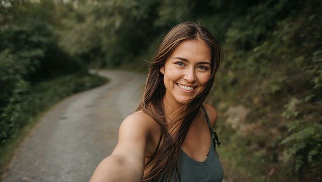 Smiling woman holding phone taking selfie on winding forest trail outdoor lifestyle portrait