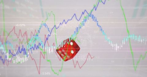 Financial analysis with dice and graph overlays representing risk