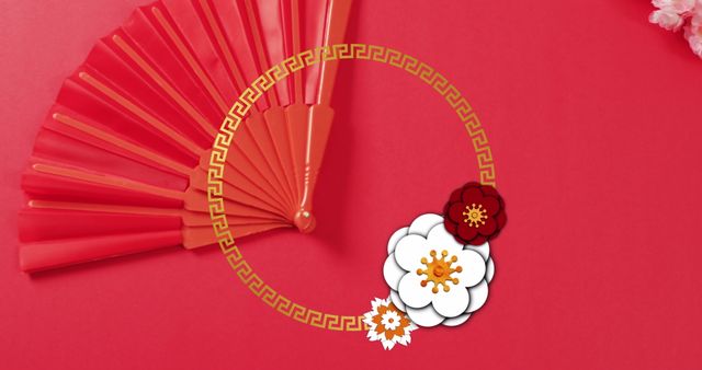 Chinese New Year Celebration Design with Fan and Floral Motifs - Download Free Stock Images Pikwizard.com